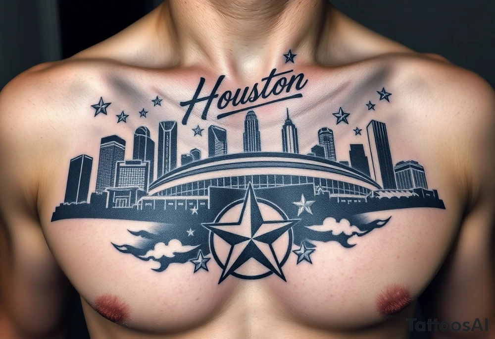 Houston texas skyline Behind houston astrodome, stars nighttime stars and clouds, Houston Astros cursive in sky, Houston Astros star on neck, Benjamin Franklin money roll space suit fill in smoke stars tattoo idea