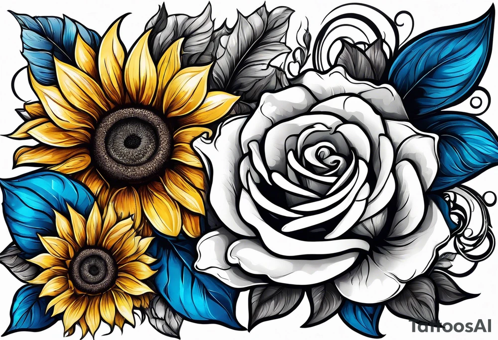 animal flower rose and blue, sunflower, tattoo idea