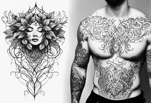 vines coming from skin and wrapping around body. front torso (chest, abs) male tattoo idea