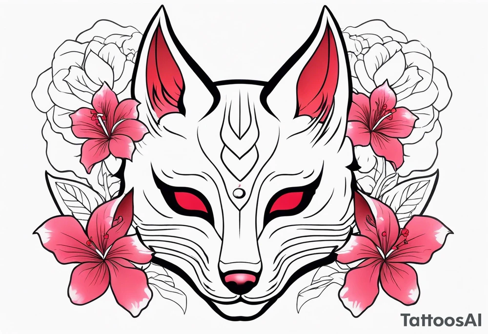 White japanese mask that looks like a kitsune with red accents and pink hibiscus flowers tattoo idea