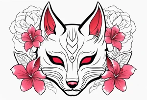 White japanese mask that looks like a kitsune with red accents and pink hibiscus flowers tattoo idea