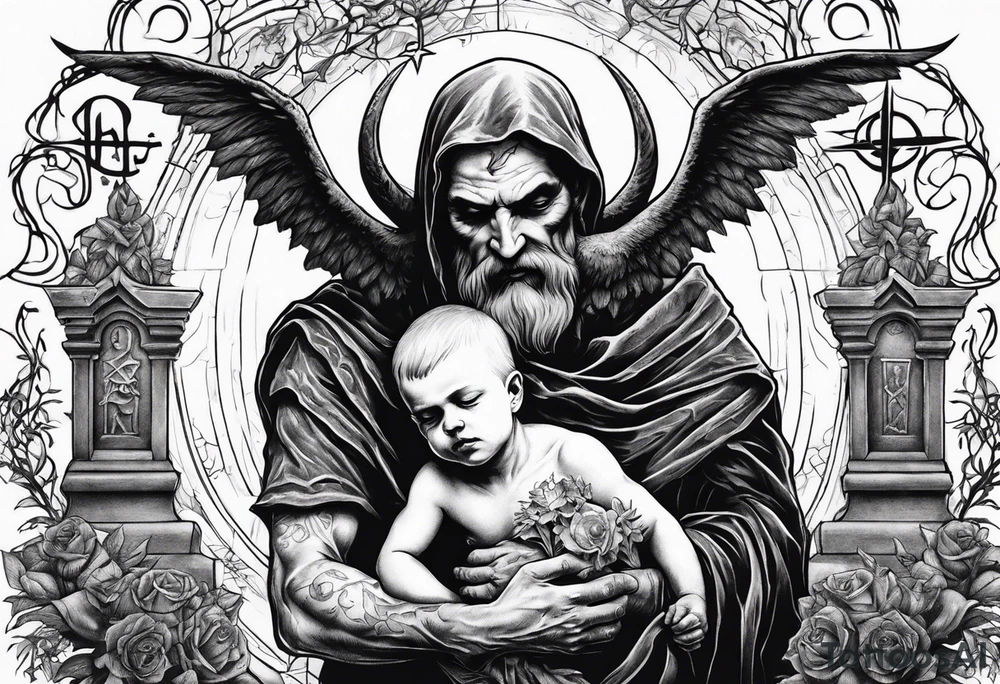 Satan holds a dead child in his arms, against the background of a grave with a pentagram tattoo idea