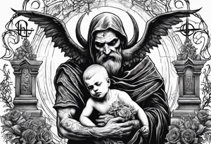 Satan holds a dead child in his arms, against the background of a grave with a pentagram tattoo idea