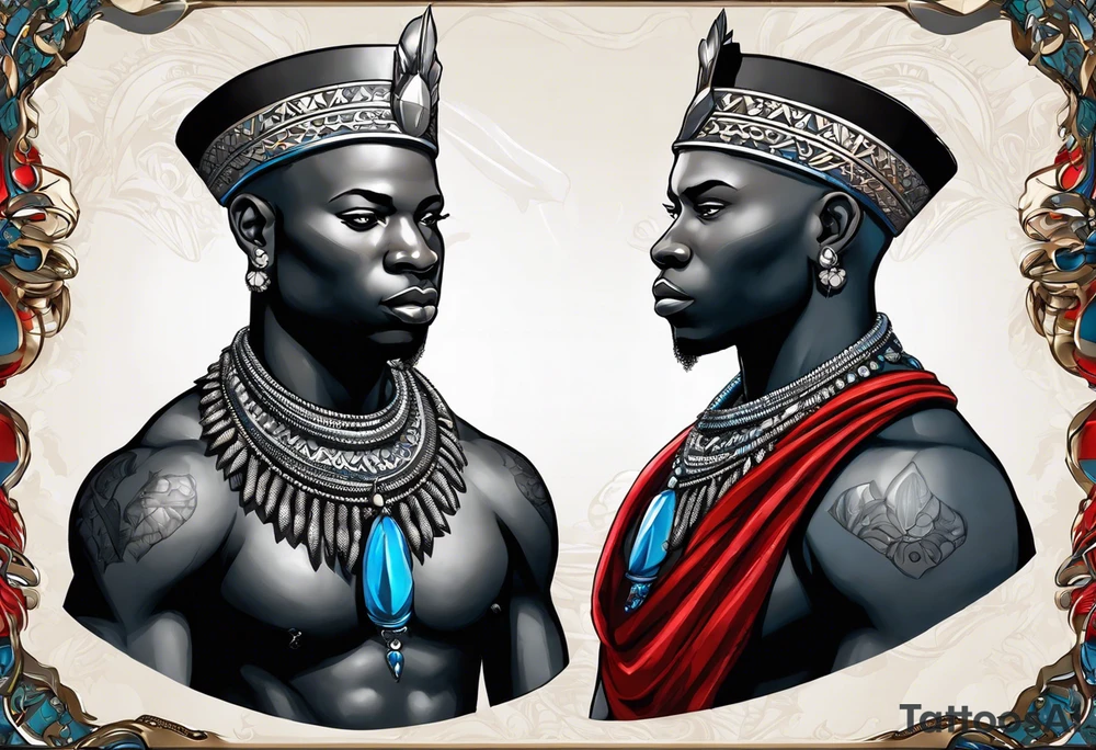 Black-skinned bald african warrior. He wears a simple and small silver crown. He uses two simple necklaces: one blue, other red. He has cowry shells in his crown tattoo idea