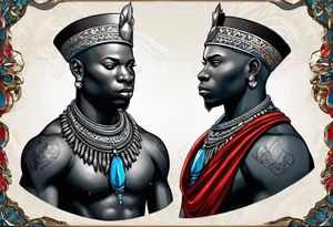 Black-skinned bald african warrior. He wears a simple and small silver crown. He uses two simple necklaces: one blue, other red. He has cowry shells in his crown tattoo idea
