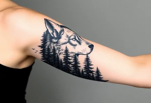 Wolf head surrounded by large pine trees growing from black ground and very small ravens flying overhead tattoo idea