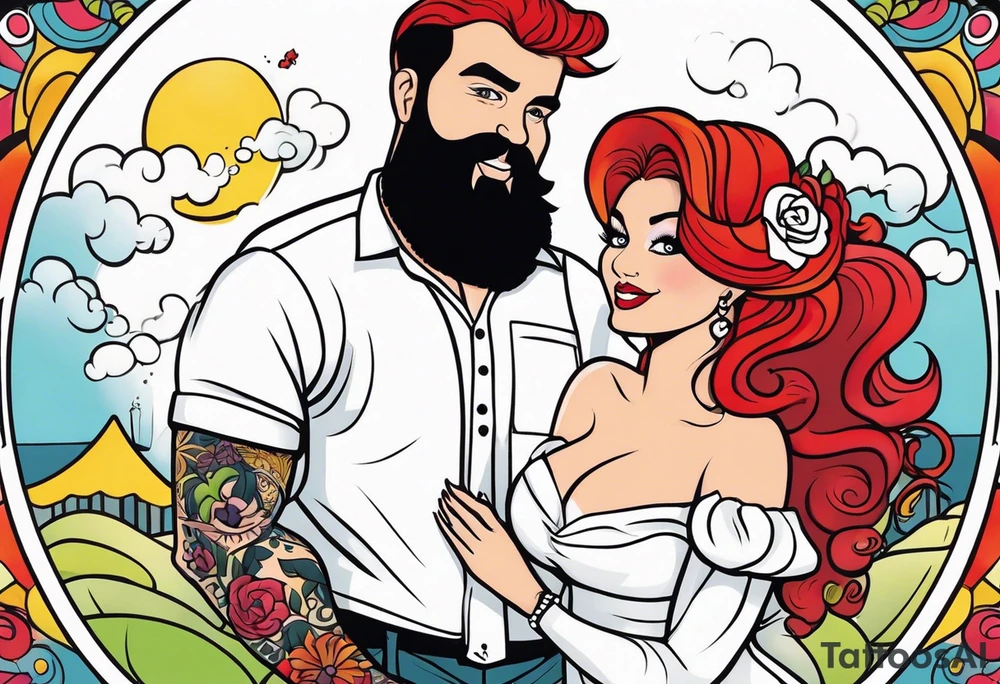 Busty red haired woman with a bearded man who has black hair getting married tattoo idea
