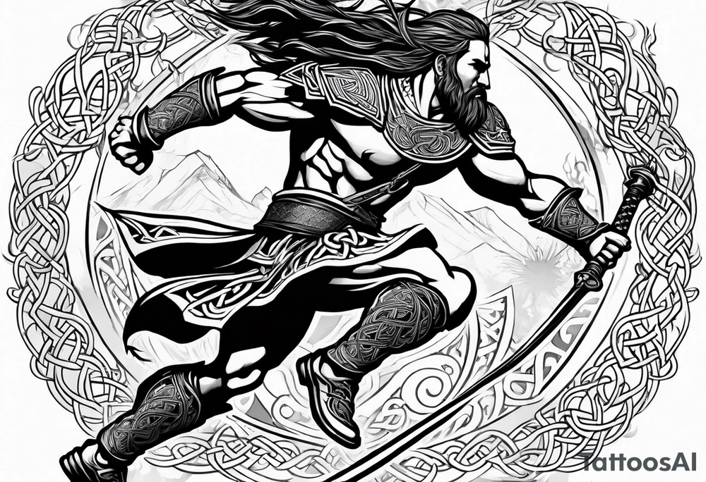 Full body side profile of Celtic warrior running into battle tattoo idea