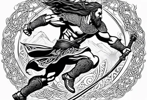 Full body side profile of Celtic warrior running into battle tattoo idea