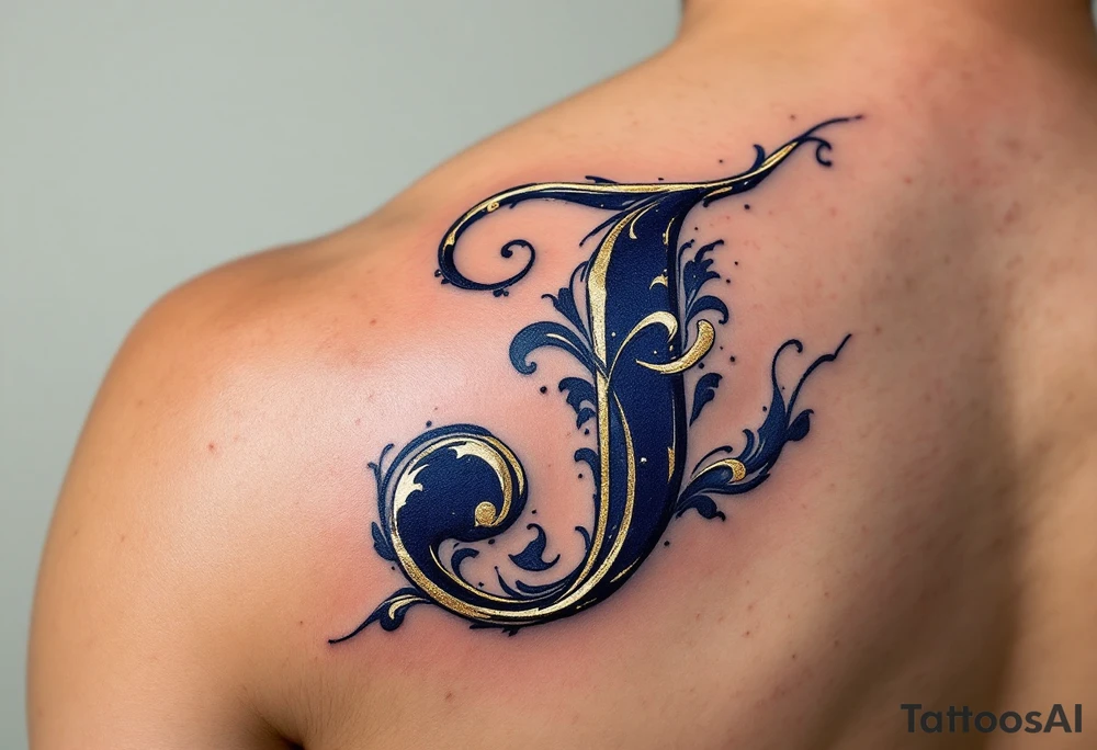 Elegant monogram-style "J" in ink-washed navy with gold leaf highlights. tattoo idea