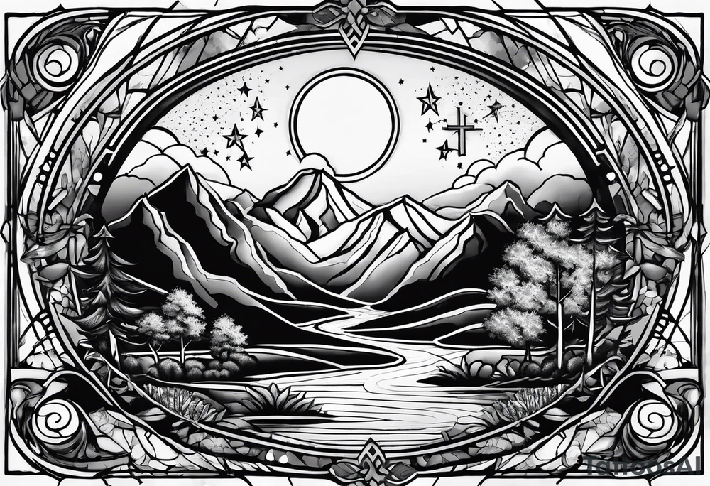 nature with mountains, waterfall, water, and a cross in the background and and moon/sun in the sky with stars tattoo idea