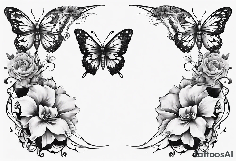 Butterfly wrap tattoos with large centre piece with moon and floral theme. Bracelet around ankle show on higher ankle tattoo idea