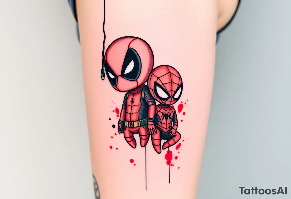 Project: Upper Arm Half-Sleeve Tattoo (Chibi Marvel Duo)
Placement: Upper Arm (Shoulder cap down to just above the elbow)
Reference Images: Chibi Deadpool (Image 1) and Chibi Spider-Man (Image 2)
Design Request & Layout:
* Please stack the characters dynamically to fit my upper arm. I'd like Deadpool positioned near the top/shoulder cap, and Spider-Man sitting near the bottom/above the elbow.
* Use the dangling spider and its web thread, along with loose, energetic construction lines, to transition between the two characters and wrap the design around the arm.
Art & Color Style:
* Linework: Please harmonize both characters into a singular, unified style—blending Deadpool's clean comic ink lines with Spider-Man's raw, cross-hatched sketchbook aesthetic.
* Color: The base of the tattoo should be gritty black-and-grey sketch shading. However, I want vibrant pops of red on their suits.
* The Splatter Effect: Instead of keeping the red cleanly inside the lines, please style the red color as a loose, dynamic watercolor/ink splatter effect that bursts out past their outlines and fades into the negative skin space. tattoo idea