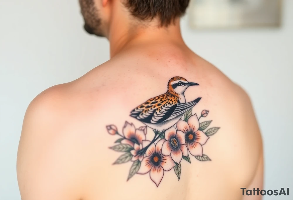 Female pacific golden plover (kolea) bird hawaiian flowers and lei in color detailed tattoo idea