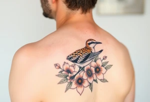 Female pacific golden plover (kolea) bird hawaiian flowers and lei in color detailed tattoo idea
