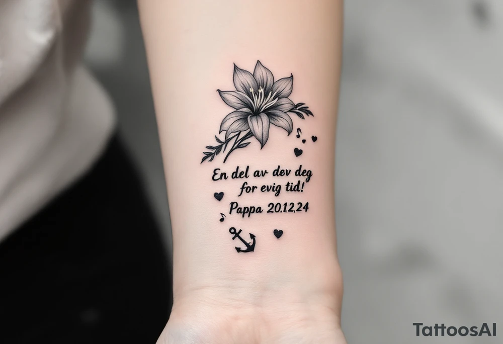 make a quote that says "En del av deg for evig tid! Pappa 20.12.24" Surrounded by gladiolus, music notes, hearts and an anchor tattoo idea