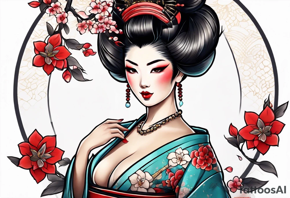 neo traditional Geisha pinup full body tattoo idea