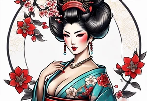 neo traditional Geisha pinup full body tattoo idea