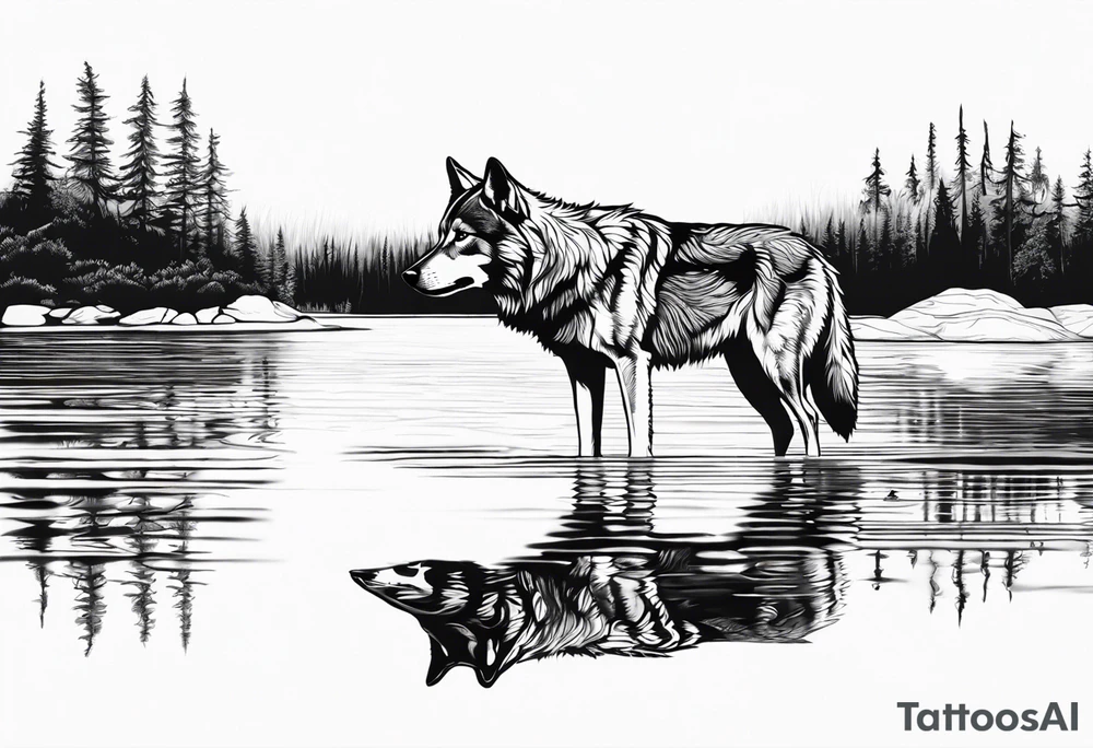 adult wolf standing alone at edge of water seeing him as a wolf pup in his reflection tattoo idea