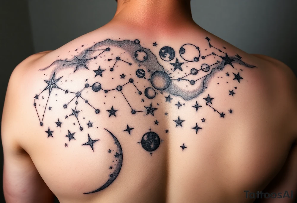 Give me a nighttime constellation tattoo with 10 different variances of stars of 40 stars, and additional cosmo items e.g. planets, etc.

It should fit on the left shoulder blade about 10 inches across and 6 high tattoo idea