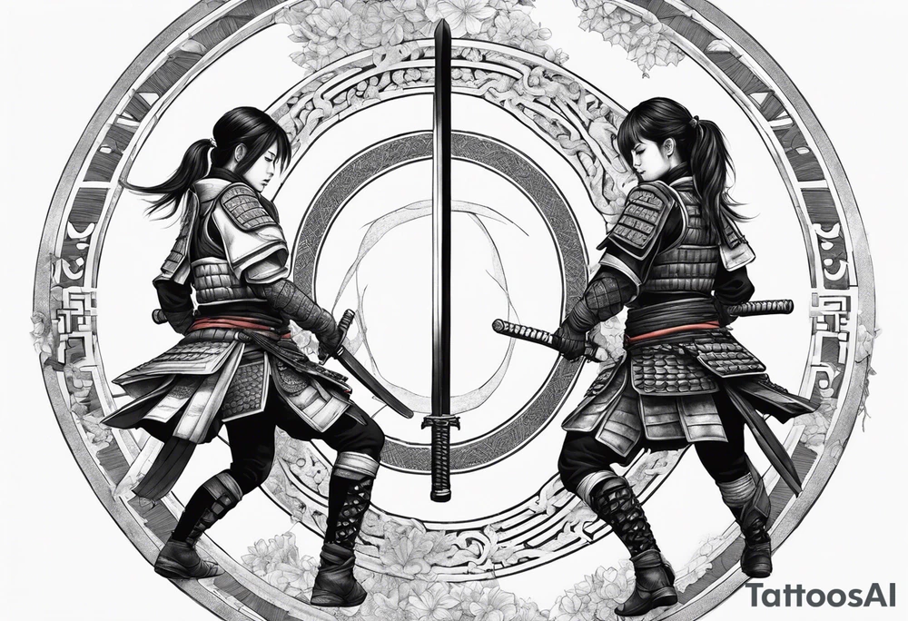3 female samurais in body armor wielding dual swords, you can only see their backs, in front of a incomplete enso circle tattoo idea