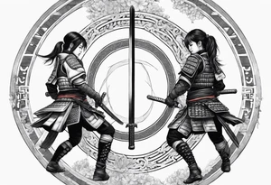 3 female samurais in body armor wielding dual swords, you can only see their backs, in front of a incomplete enso circle tattoo idea