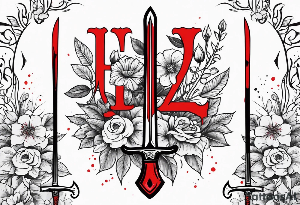 Bloody sword and flowers tattoo idea