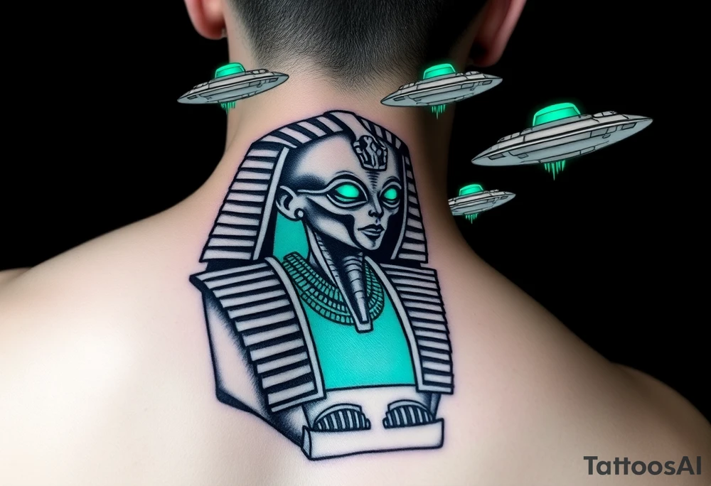 "Pharaoh's sarcophagus opening to reveal a grey alien. Floating UFOs are shaped like Chevy Impalas (lowrider style).  

Style: Neo-traditional tattoo with glitch effects. Colors: turquoise/black/neon green." tattoo idea