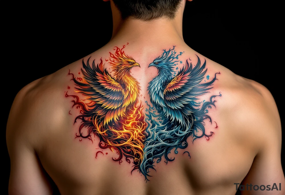 A pair of twin phoenixes, one rising from golden flames and the other from icy mist, with word "gemini" tattoo idea