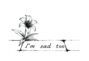 Lily growing out of tile floor with the words I’m sad too written small in the grout between two tiles tattoo idea