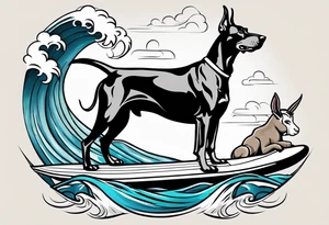 doberman smoking a cigar on a surfboard with a goat with larger horns tattoo idea