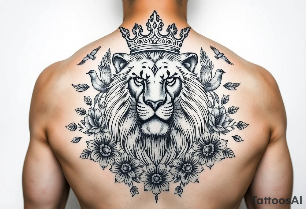 powerful majestic lion with a crown, surrounded by floral ornaments and birds tattoo idea