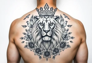 powerful majestic lion with a crown, surrounded by floral ornaments and birds tattoo idea