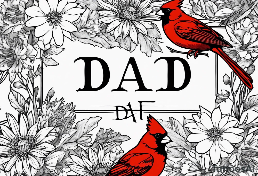 Bouquet of Aster flowers and sea rocket flowers with a cardinal around the words Dad tattoo idea