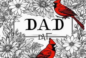Bouquet of Aster flowers and sea rocket flowers with a cardinal around the words Dad tattoo idea