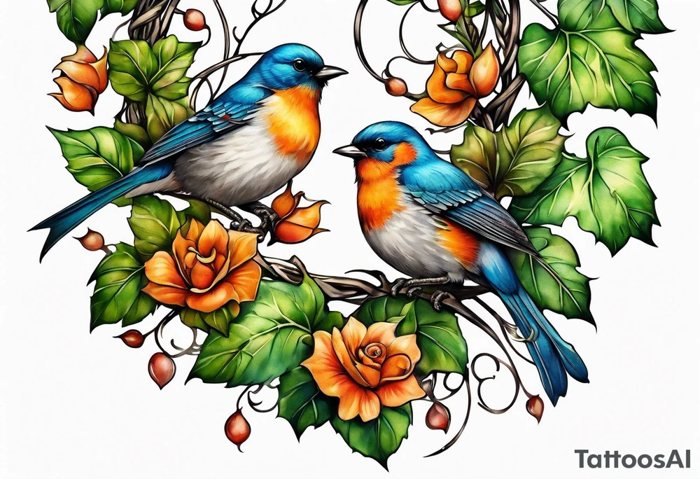ivy sleeve with birds and barbs tattoo idea