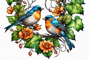 ivy sleeve with birds and barbs tattoo idea