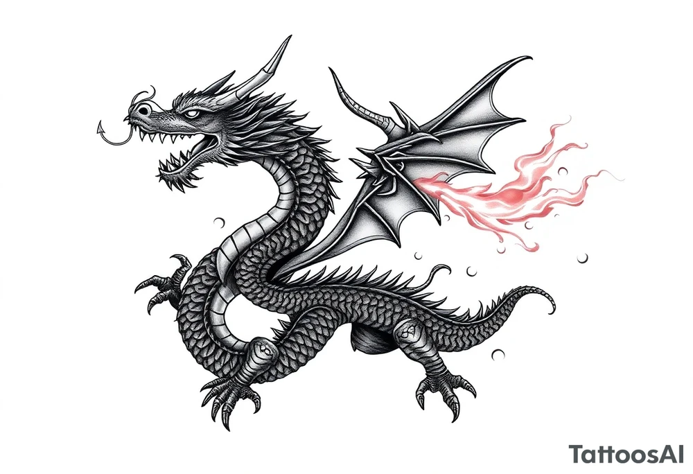 fierce dragon breathing iridescent fire against stormy skies tattoo idea