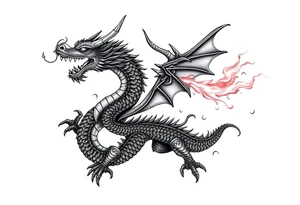 fierce dragon breathing iridescent fire against stormy skies tattoo idea