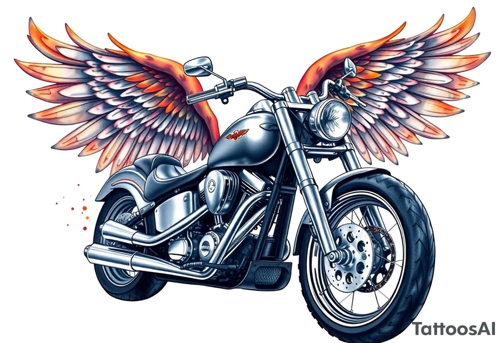 Low rider grey motorcycle, big muffler pipes with flames, angel wings, driving away, no person tattoo idea