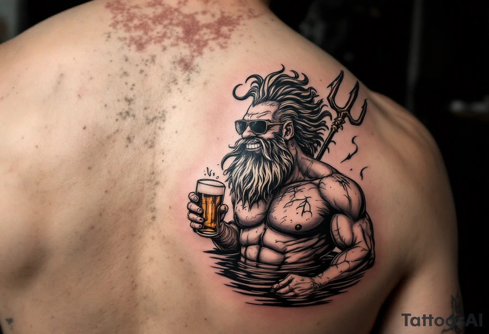 smiling, fit poseidon, with a trident, in calm water, holding a beer, with sunglasses tattoo idea
