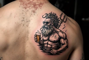 smiling, fit poseidon, with a trident, in calm water, holding a beer, with sunglasses tattoo idea