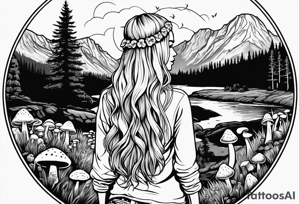 Whole picture encircled fully

Straight long blonde hair hippie girl in distance holding mushrooms in hand facing away toward mountains and creek surrounded by mushrooms long sleeve shirt and hiking pants; whole rendering within a full circle, no cut off circle tattoo idea