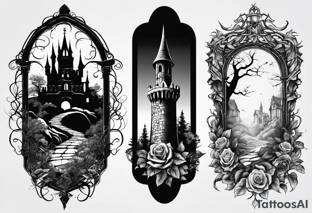 tattoo fool sleeve, old broken gothic castle, broken sword, tree roots break out of the chains, roses tattoo idea
