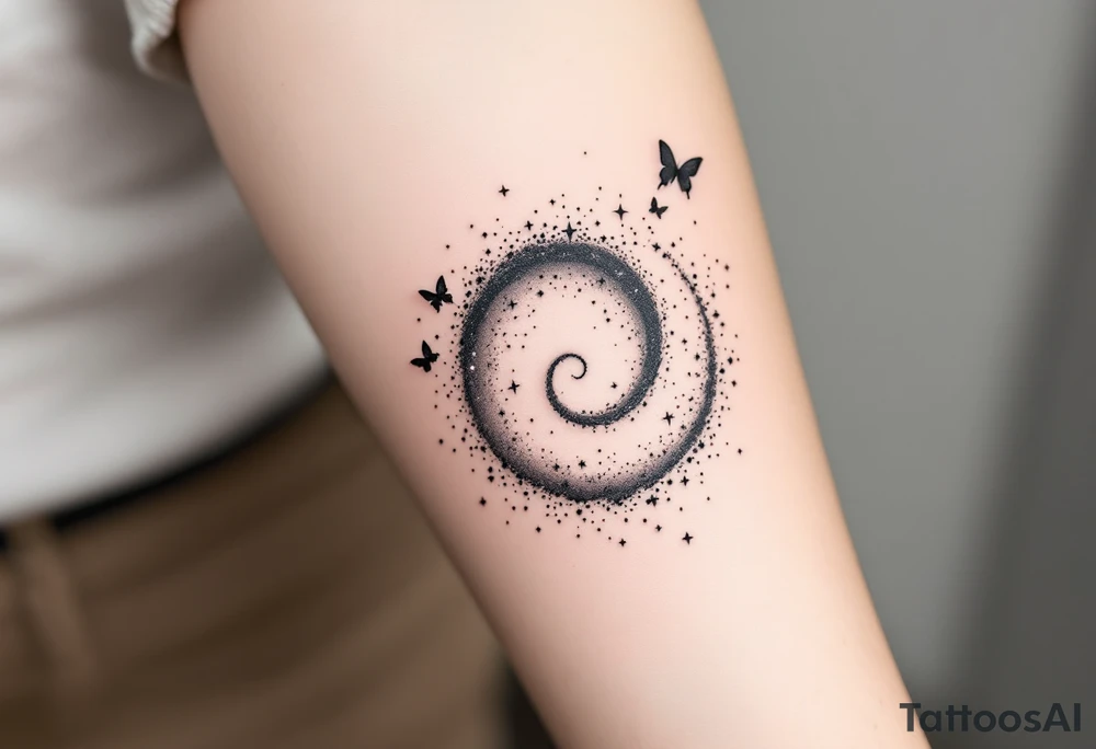 Delicate black ink tattoo in dotwork and fine-line style, representing the Milky Way galaxy in a spiral formation with scattered stars and cosmic dust. Integrate a small, whimsical octopus subtly within the spiral — as if it’s curled into or emerging from the galaxy itself. The octopus should match the dotwork and fine-line aesthetic: minimal, elegant, and softly surreal, blending naturally with the cosmic swirl. Optional: include a couple of tiny butterflies orbiting or interacting with the composition, to add a dreamy, symbolic touch. Style: cosmic minimalism, black ink dotwork, microrealism, poetic surrealism. tattoo idea
