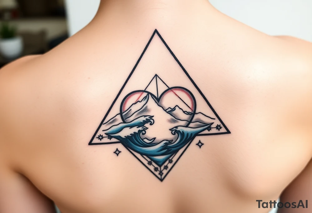 A triangle with a big heart in the center with an ocean mountain theme tattoo idea