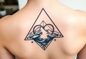 A triangle with a big heart in the center with an ocean mountain theme tattoo idea