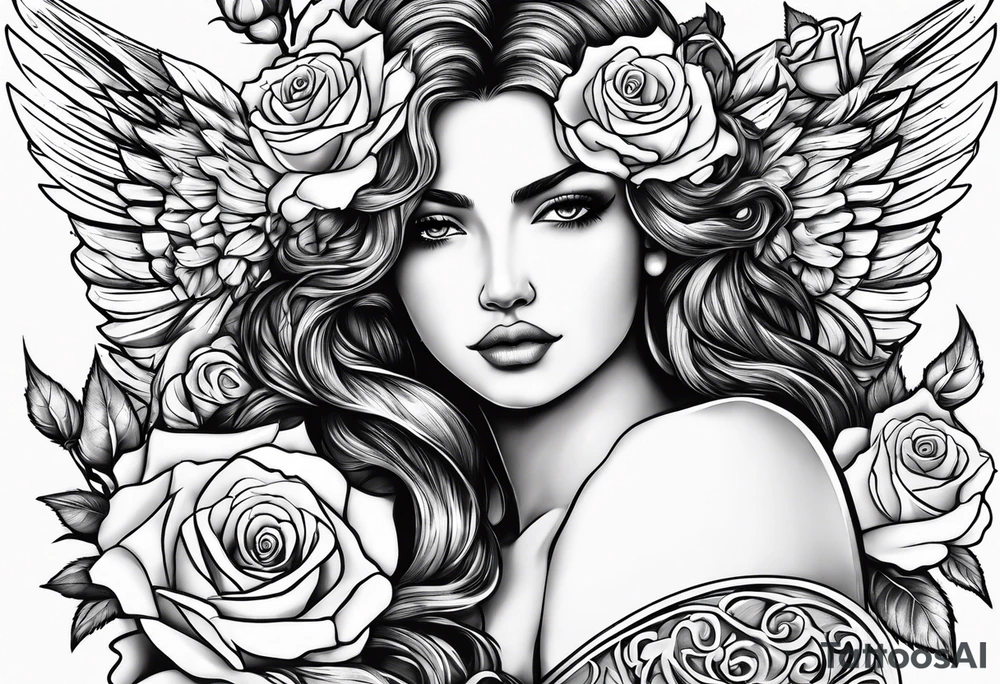 Angel, roses, name MARTINA tattoo idea