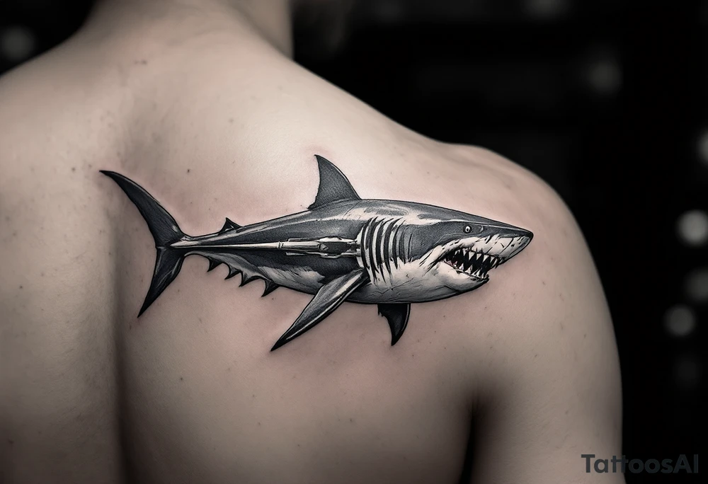 realistic shark with trident tattoo idea