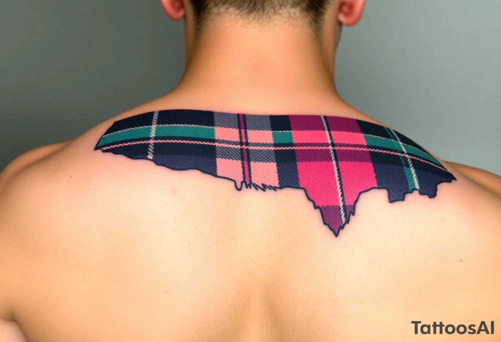 Side of arm Dark Purple with green pink blue and white highlights tartan fabric with skin peeling away at edges tattoo idea